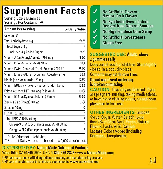 Nature Made Multivitamin + Omega-3, Multivitamin Gummies for Women and Men, Daily Nutritional Support, 140 Adult Gummy Vitamins & Minerals, 70 Day Supply