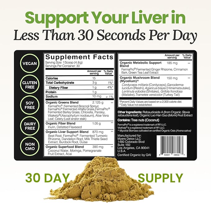 Daily Detox Greens Powder, Organic Superfood Supplement for Detox, Gut Health, Energy, Immune Support, Overall Wellness, Gluten Free Multivitamin Drink Mix, Vegan, Non GMO, 30 Servings