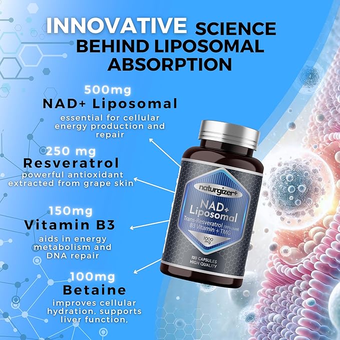 Liposomal NAD+ Supplement with Resveratrol, TMG & Vitamin B3 | 4-in-1 Healthy Aging & Cellular Energy Support | High Absorption NAD Plus for Men & Women Over 40 | 120 Capsules