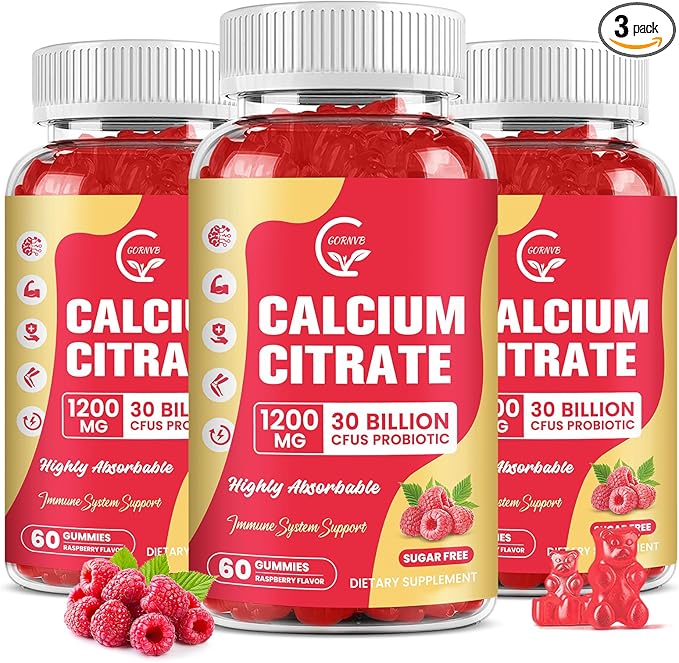 (3 Pack) Sugar Free Calcium Citrate Gummies 1200 mg with Vitamin d3, K2, Magnesium, Zinc for Bone, Muscle & Immune Support, High Absorption Calcium Supplement for Women, Raspberry Flavor, 60 Chews