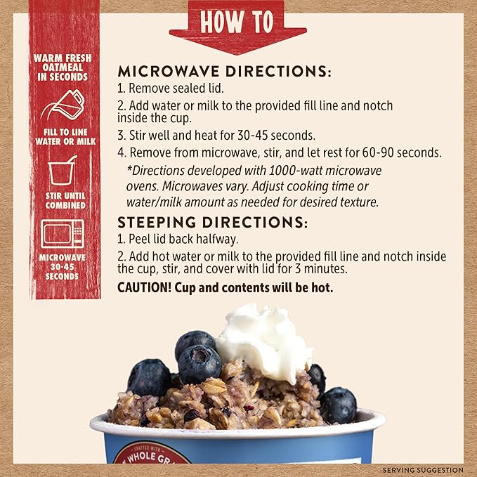 Kodiak Instant Oatmeal Cups, Blueberries & Cream, High Protein, 100% Whole Grains, (12 cups)