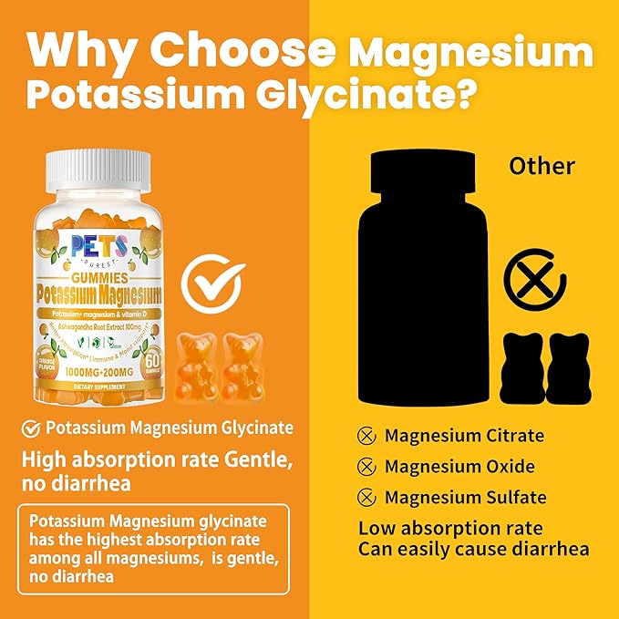 Potassium Magnesium Gummies - High Absorption Magnesium Glycinate & Potassium Citrate Plus Omega 3, B6, D3, K2 & Calcium - Chewable Gummy for Leg Cramps, Immunity & Energy Orange 120 Gummies