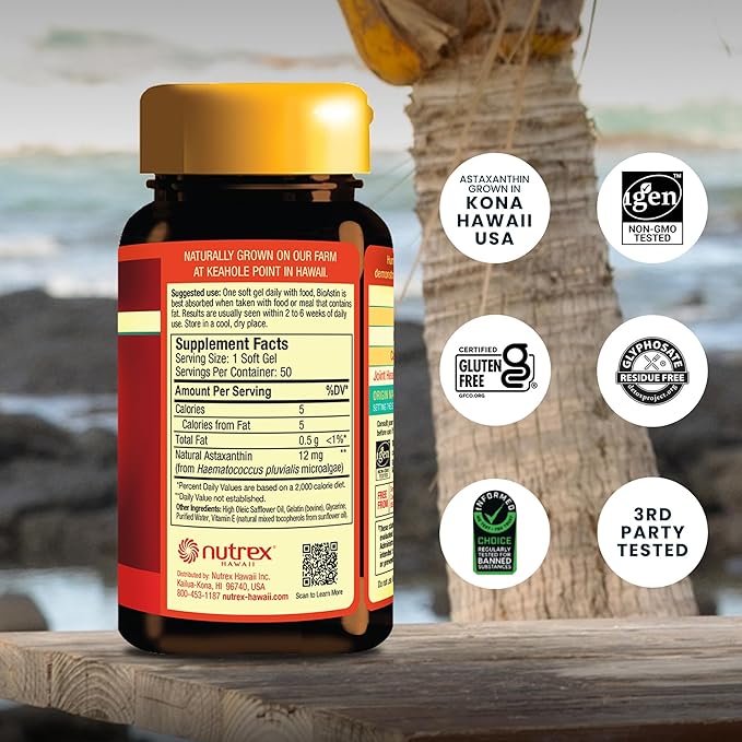 Nutrex Hawaii BioAstin Hawaiian Astaxanthin - 12mg, 50 Softgels - Farm-Direct Premium Antioxidant Supplement to Support Eye, Skin, Joint & Immune System Health - Non-GMO & Gluten-Free