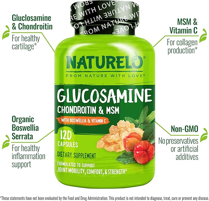 NATURELO Glucosamine Chondroitin MSM with Boswellia and Vitamin C - Supplement for Joint Comfort, Mobility, and Strength - 120 Capsules