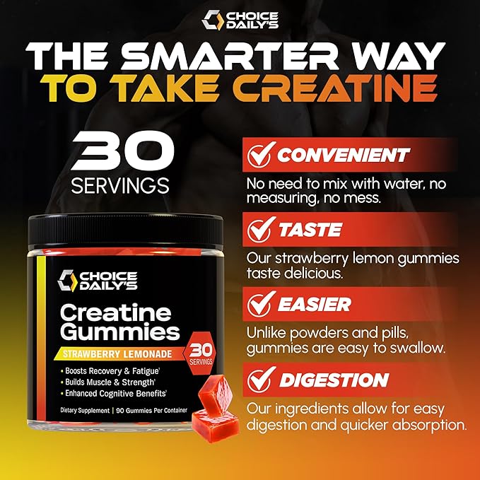 Creatine Gummies - 90 Vegan Friendly Chews - USA Made - Boosts Recovery - Builds Muscle - Enhanced Cognitive Benefits (Large, Strawberry Lemonade)