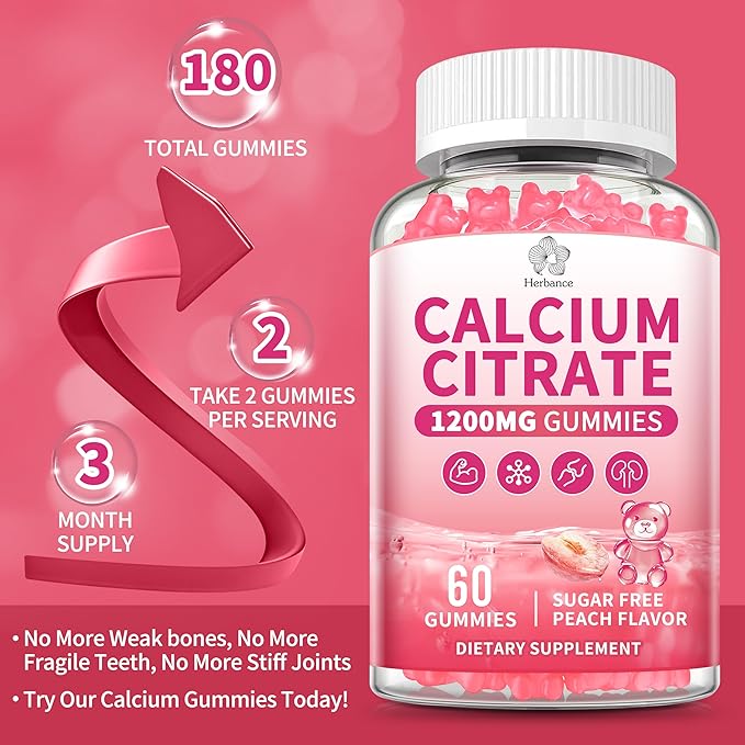 Calcium Citrate Gummies 1200 mg for Adults, High Absorption Calcium Supplement for Women & Men, Sugar Free, Non-GMO, Gluten Free, Supports Muscle & Immune - Natural Peach Flavor