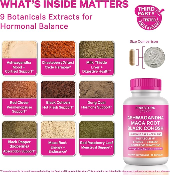 Pink Stork Ashwagandha, Maca Root & Black Cohosh Natural Perimenopause & Hormone Balance Supplement for Women – Mood, Stress, Adrenal, & Cortisol Support - 60 Capsules