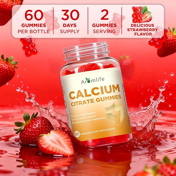 Aromlife Calcium Citrate Gummies for Bone & Teeth Support, 1000mg Per Serving, High Absorption Calcium Citrate Gummies for Women & Men, 60 Count Strawberry Flavor, Sugar Free, Vegan