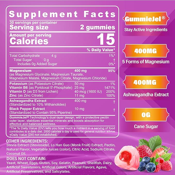 Magnesium Gummies 400mg | 5-in-1 Magnesium Complex for Women & Men: Mag Glycinate, Citrate, Malate, Chloride & Taurate | w/Ashwagandha, D3 & Zinc for Relaxtion, Mood,Energy | Sugar-Free, Vegan, 60Cts