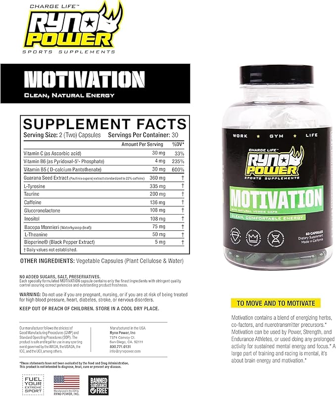 Ryno Power Motivation Pre-Workout Focus Energy Supplement Capsules (30 Servings)