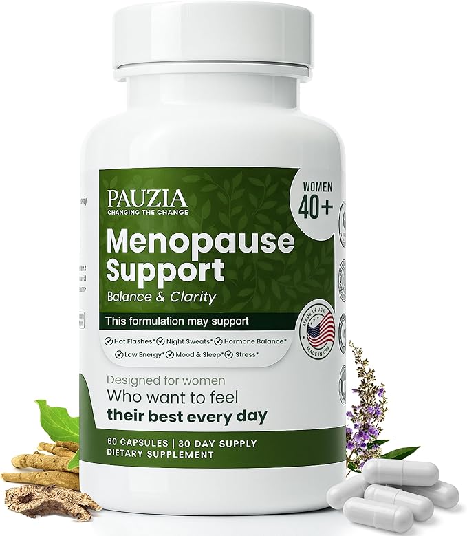 PAUZIA Menopause Supplements for Women 40+ | Natural Menopause Relief with Black Cohosh, Ashwagandha, Vitex | Hot Flash & Mood Support | Hormone-Free | Made in USA (60 Vegan Capsules)