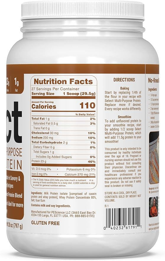 PEScience Select Multi-Purpose Unflavored Protein Powder, Low Carb, Keto Friendly, Gluten Free, Whey & Casein Protein Flour for Baking and Smoothies, 27 Servings