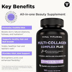 Vital Vitamins Multi Collagen Capsules with Biotin, Hyaluronic Acid, Vitamin C - Type I, II, III, V, X Peptides - Collagen Supplements for Men & Women - Hair, Skin, Nails Beauty Complex - 150 Count