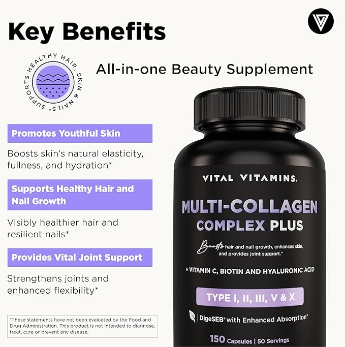 Vital Vitamins Multi Collagen Capsules with Biotin, Hyaluronic Acid, Vitamin C - Type I, II, III, V, X Peptides - Collagen Supplements for Men & Women - Hair, Skin, Nails Beauty Complex - 150 Count