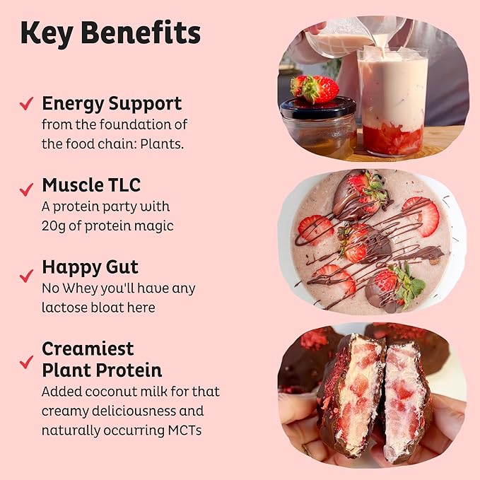 KOS Vegan Protein Powder, Strawberries & Cream USDA Organic - Low Carb Pea Protein Blend, Plant Based Superfood with Vitamins & Minerals, Gluten Free - Meal Replacement for Women & Men - 28 Servings
