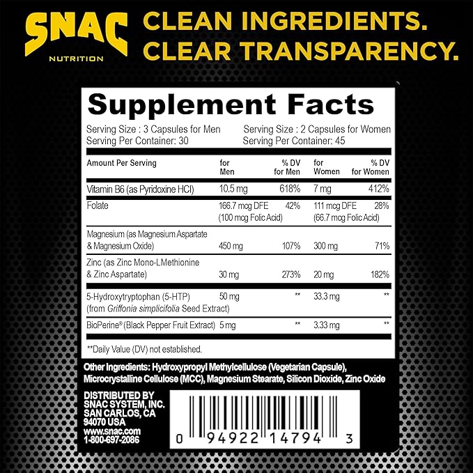 SNAC ZMA-5 Mineral Supplement - Supports Muscle Function, Restful Sleep, Immune Health & Relaxation with Zinc, Vitamin B6, Magnesium & 5-HTP for Sleep, Anxiety, Calmness - 180 Veggie Capsules (2 Pack)