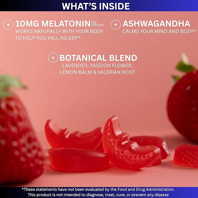 Vemax Sleep Gummies Adult Melatonin 10mg, L-Theanine, Magnesium, Lavender, Lemon Balm and Ashwagandha, Drug Free Nighttime Rest Support, 60 Strawberry Flavored Sleep Aids for Adults, Zero Sugar