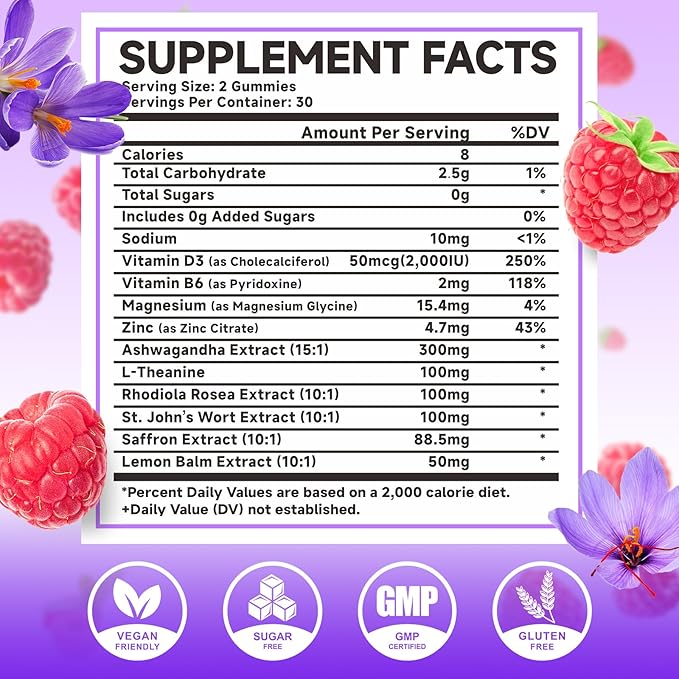 MEENCCD Saffron Gummies for Kids & Adults - Saffron Supplements with Magnesium, L-Theanine, Rhodiola, Sugar-Free, Raspberry Flavor, 60 Count