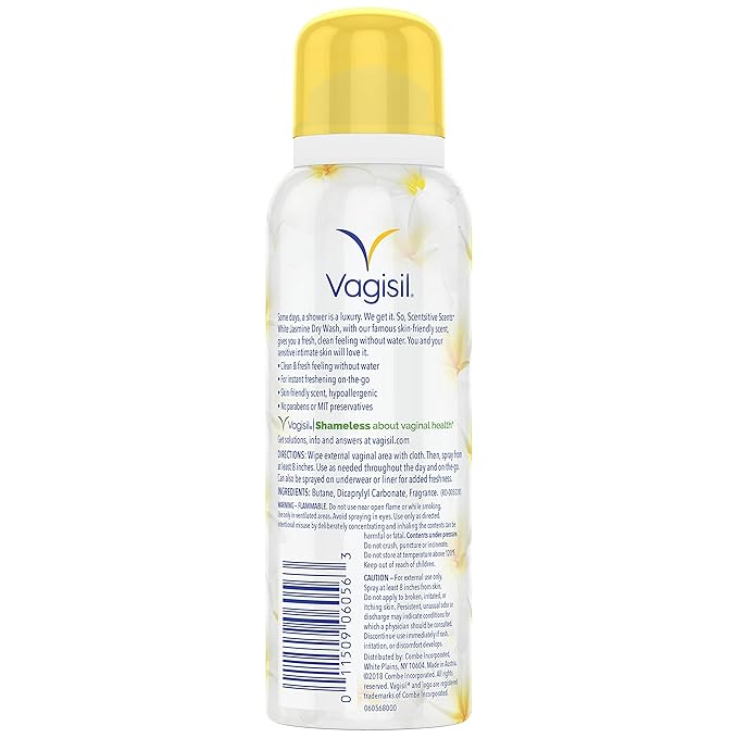 Vagisil Scentsitive Scents Feminine Dry Wash Deodorant Spray for Women, Gynecologist Tested, Paraben Free, White Jasmine, 2.6 Ounce (Pack of 2)