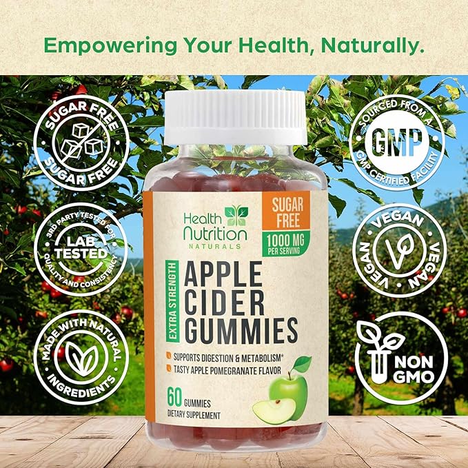 Apple Cider Vinegar Gummies - Sugar Free - Apple Cider Vinegar Powder 1000mg Per Serving - Max Strength ACV Gummy Vitamins - B12 & The Mother - Metabolism & Energy Support - Keto & Vegan - 60 Gummies