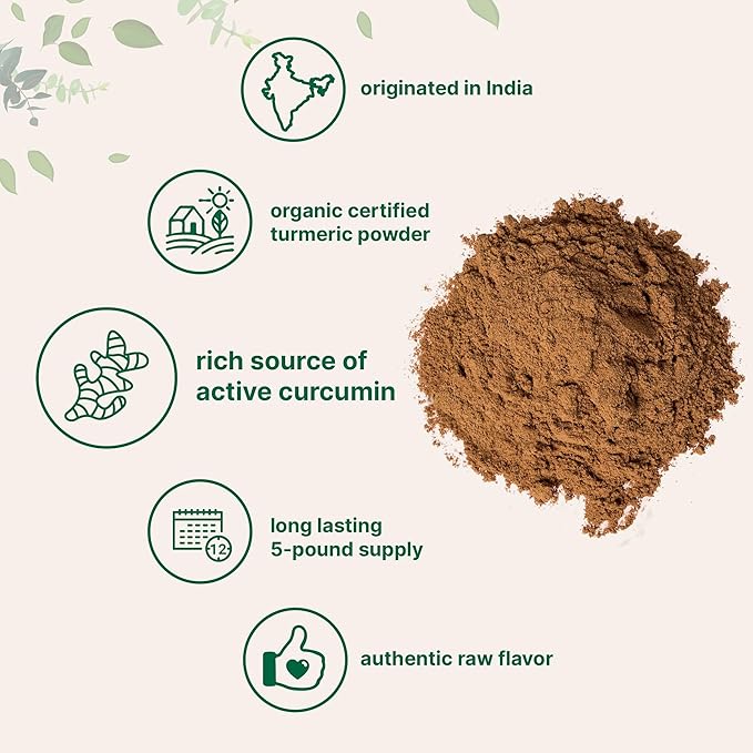 Organic Turmeric Powder, 5 Pounds | Rich in Active Curcumin | Pure Turmeric Supplement | Antioxidant Support for Joint & Immune Health | Non-GMO, Vegan Friendly, India Origin