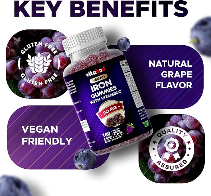 Vitabod Iron Gummies Supplement for Women, Men & Kids - 20mg - with Vitamin C - Dietary Supplement for Red Blood Cell Support, 180 Pectin Based Gummies