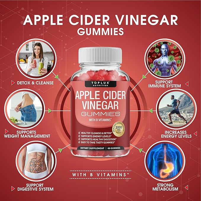 Toplux Apple Cider Vinegar Gummies - 1000mg ACV with B12, Beet Root, Pomegranate for Immune System, Detox & Cleanse, Gummy Alternative to Apple Cider Vinegar Capsules, for Men Women, 60 Gummies