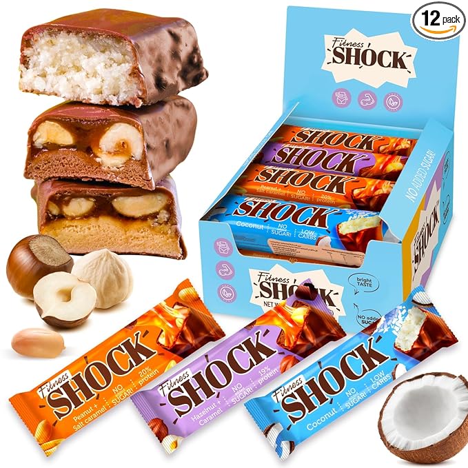 Fitness SHOCK Protein Bars Variety Pack - No Added Sugar, Low Calorie Low Carb Snack - Peanut Salted Caramel, Hazelnut Caramel, Coconut - 180 Kcal, 0g Added Sugar, 8g Fat, 13g Net Carbs - 12 x 50g