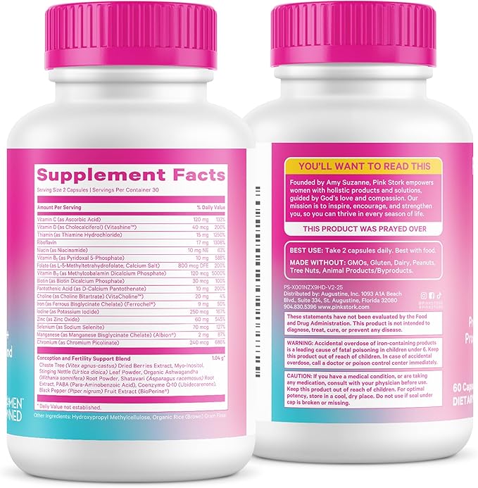 Pink Stork Fertility Supplements for Women - Prenatal Multivitamin with Ovulation, Conception, & Hormone Balance Support - 17 Vitamins & Inositol, Ashwagandha, & Vitex - 120 Capsules
