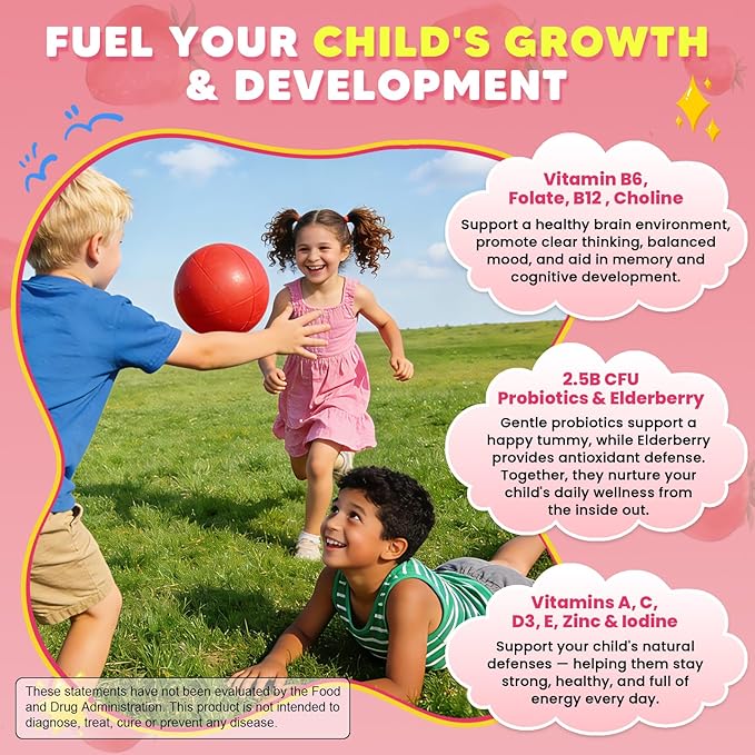 Kids Methylated Multivitamin Gummies with Omega 3, Multivitamin for Kids & Teens 4+ w/L Methylfolate & B12, Calcium, Probiotics, Elderberry, 16 Vitamins for Healthy Growth, Immune Support, Sugar Free