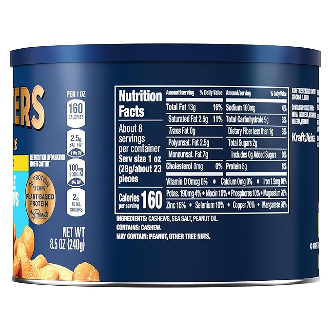 PLANTERS Deluxe Salted Whole Cashews, Party Snacks, Plant-based Protein, 8.5 oz Canister