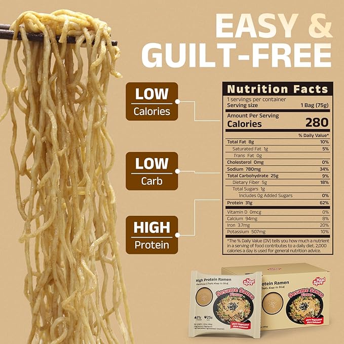 HealSpot High Protein Instant Ramen, 31g Plant Based Protein, Low Fat, Low Carb, Non GMO, Keto Friendly, Plant Based Dry Mixed Ramen, 6 Packs of Sesame Sauce Flavor