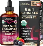 USDA Organic Vitamin B-Complex B5 Pantothenic Acid | B12 Methylcobalamin | B1 Thiamine | B6 Pyridoxine | B7 Biotin | B9 Folic | B3 Niacinamide - B Complex Liquid Drops, Made in USA Supplement, 4fl oz