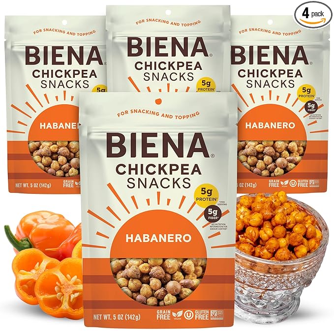 BIENA Chickpea Snacks - Crunchy Roasted Chickpeas - High Fiber Vegan Protein Snacks for Adults and Kids - 4-Pack, 5 Ounce - Habanero