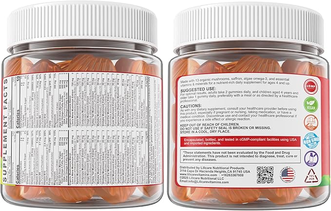 Kids, Teens & Adults Focus Gummies - Lions Mane Mushroom + Saffron + Algae Omega-3, 24-IN-1 Attention Supplement with Chaga, Magnesium, Methylated B12, B6 for Brain, Memory, Energy, Sugar Free, 2Pack