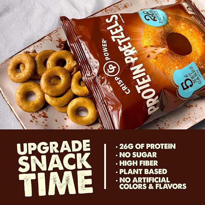 CRISP POWER Protein Pretzels, NEW Cinnamon Crunch, 26G Protein, High Protein Snack, High Fiber, Low Carb Crunchy Pretzel Snacks, No Added Sugar, 1.75 oz Bags, 24 Pack, Vegan, Keto