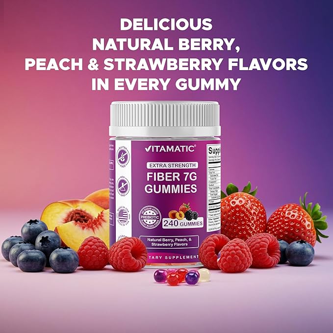 Vitamatic Prebiotic Fiber Gummies for Adults, 7G Extra Strength, Zero Sugar Added, 240 Pectin Based Gummies, Digestive Health & Regularity Support (Pack of 2)