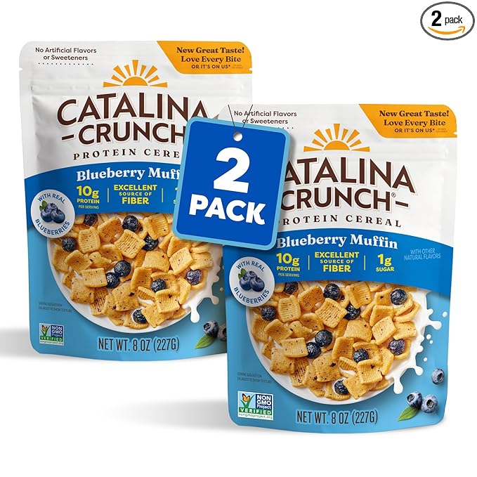 Catalina Crunch Protein Cereal - Breakfast Cereal with 10g of Protein, No Added Sugar - Gluten Free - Blueberry Muffin - 8 oz. Bag (Pack of 2) (Packaging May Vary)