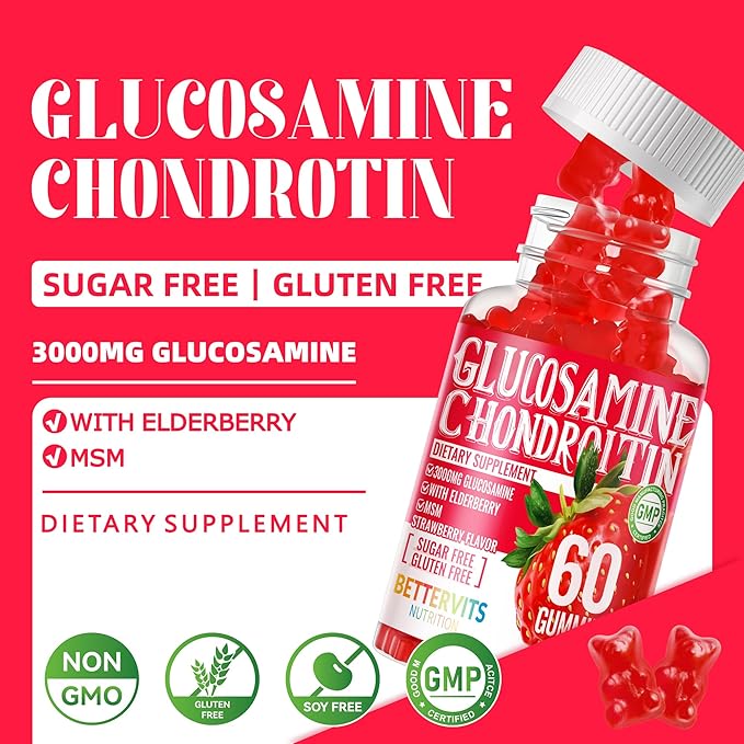 Glucosamine Chondroitin Gummies with MSM & Elderberry Extra Strength - Joint Support, Antioxidant Immune Support Supplement for Adults, Men & Women.120 Strawberry Gummies