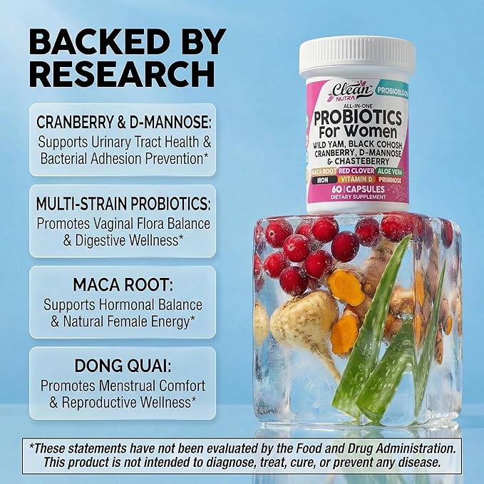 Clean Nutraceuticals Probiotics for Women with D Mannose, Cranberry Extract, Wild Yam, Chasteberry - 20 Probiotic and Prebiotic Strains - PH Balance, Womens Probiotic for Digestive Health - 60 Count