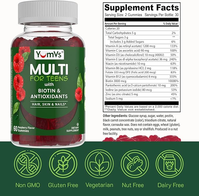 YumVs Teen Multivitamin Gummies with Biotin and Antioxidants - Raspberry Flavor - Hair Skin Nails Support - Kosher Teenager Vitamins for Boys and Girls 12-17 - Teen Gummy Multi Vitamin (60 Count)