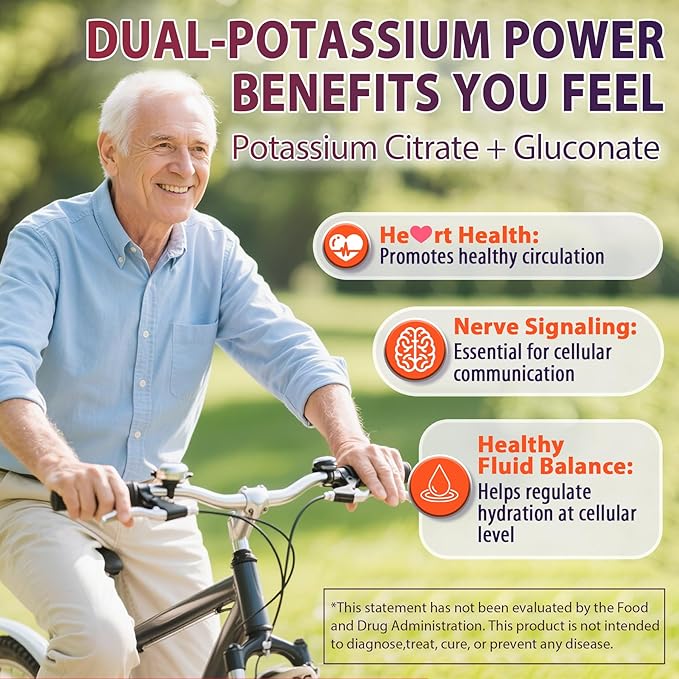 Potassium Citrate and Potassium Gluconate Supplement, 1200mg Two Forms of Potassium Gummies, w/Magnesium, Omega-3, Calcium, Vitamin D3 K2 B12 E B6, Folate for Mṵṣḉḷḙ, Nerves, Health Bones, 120Cts