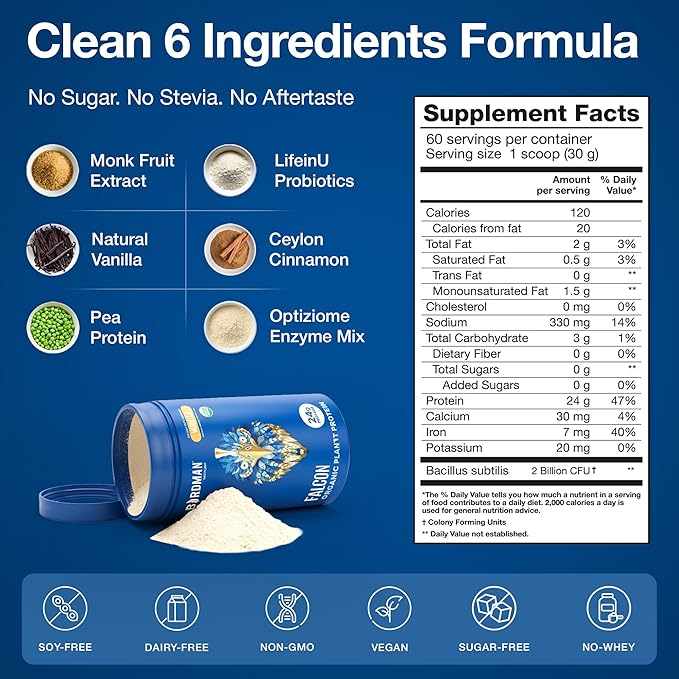 BIRDMAN Falcon Vegan Protein Powder Organic, Stevia & Sugar Free, Plant Based Protein, Low Carb, Dairy Free, Keto, Non Whey Protein, Probiotic, Pea Protein | Chocolate Flavor - 60 Servings - 3.9lb