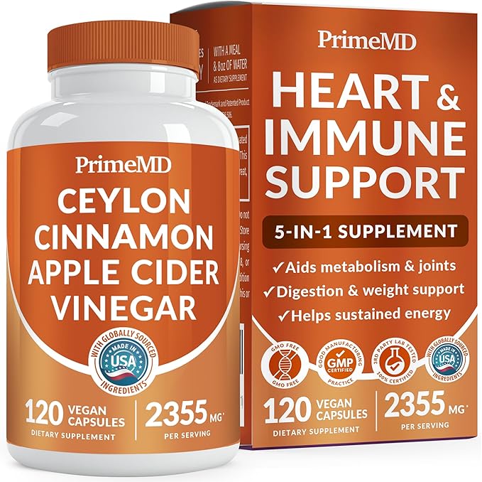 5-in-1 Ceylon Cinnamon Capsules 2355mg - Apple Cider Vinegar Capsules with Turmeric, Panax Ginseng & Bioperine - Cinnamon Supplements for Women & Men - Non-GMO, Vegan, Gluten-Free (120 Ct) (1-Pack)