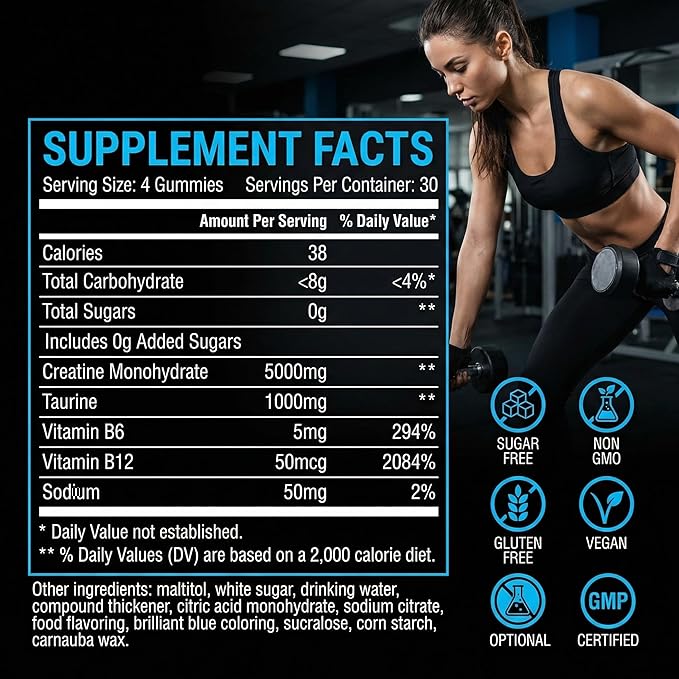 Creatine for Men, 5000MG Creatine Monohydrate Gummies for Men, Workout Support, 5g per Serving, Taurine + Vitamins B6 & B12, Blueberry Flavor, 120 Gummies (30 Servings)