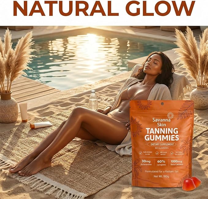 Savanna Skin Tanning Gummies, with Vitamin C & E, Astaxanthin, Beta Carotene, Skin Radiance & Hydration for Natural Looking Glow, Bronzing, Non-GMO, Vegan & Sugar Free - 60 Count (1)