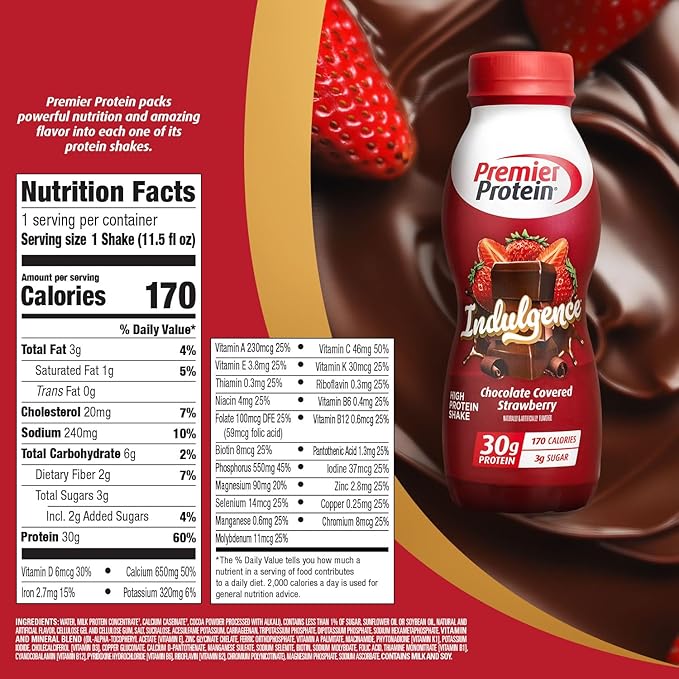Premier Protein Shake INDULGENCE,Chocolate Covered Strawberry,30g Protein,170 Calories,3g Sugar,11.5 fl oz (Packaging May Vary),(Pack of 24)