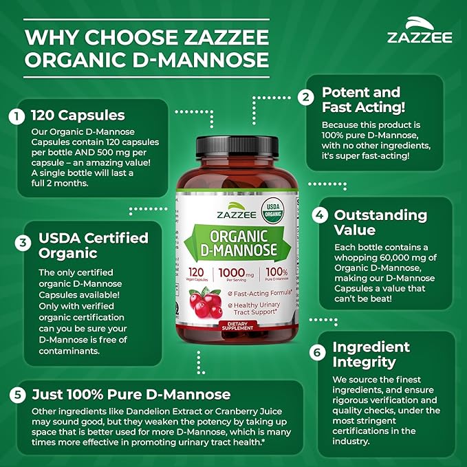 Zazzee USDA Organic D-Mannose, 1000 mg Per Serving, 120 Vegan Capsules, 2 Month Supply, Non-GMO, Urinary Tract & Bladder Support, Potent & Fast-Acting, Lab Tested for Quality & Purity, Made in USA
