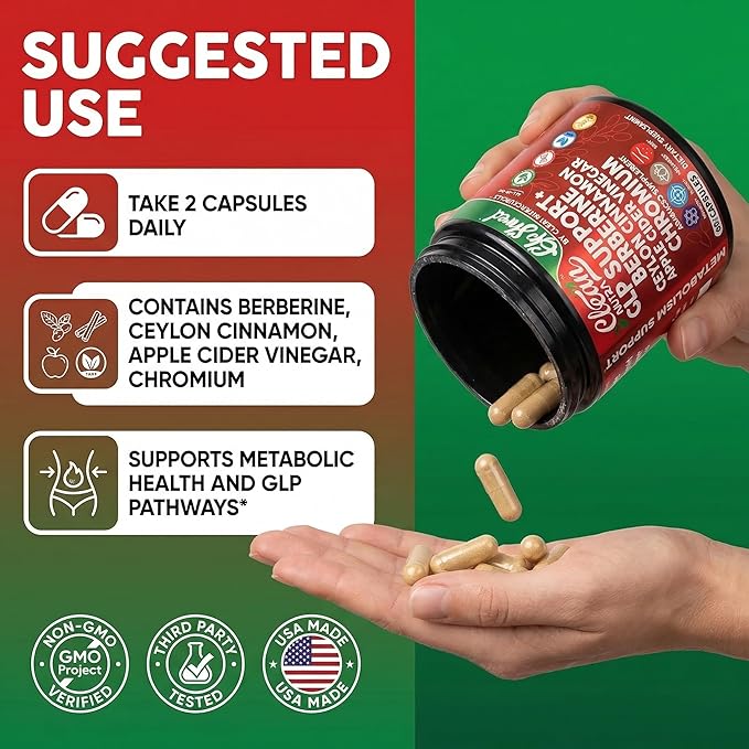 GLP1 Supplement Berberine Ceylon Cinnamon Apple Cider Vinegar Chromium Turmeric PCOS Supplements Immunity & Metabolism Support 60 Vegan Capsules by Clean Nutra