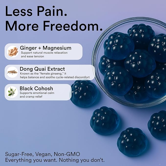 riev Cramp Crusher Gummies – Soothe the Cycle Storm, Natural Plant-Based Formula with Ginger, Dong Quai & Magnesium – Vegan, Non-GMO, No Sugar – Ginger Berry Flavor – 30 Gummies